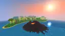 A volcanic island rises beside the unique handcrafted coastline of the surface jungle biome